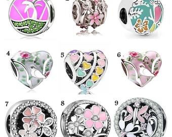 Pandora Style Pink,  Charm, Flower, Gem, Heart, Music, Treble, Silver, Crystal, Charm. Fits Pandora Charm Bracelet (G11)