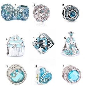 Pandora Style Charm, Aqua, Round, Heart, Christmas Tree, Music, Cupcake, Clear Silver Crystal Charm. Fits Pandora Bracelet (G14)