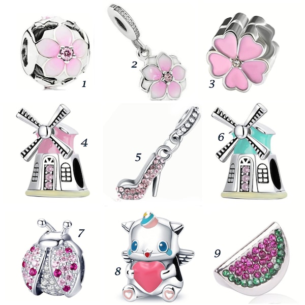 Pandora Style Pink Charm Dangle, Flower, Windmill, Shoe, Slipper, Baby Unicorm, Watermelon, Ladybug, Fits Pandora Charm Bracelet (G103)