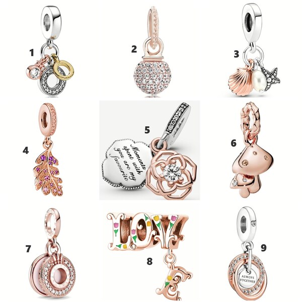 Pandora Style Rose Gold Charm Dangle,Leaf, Shell, Pacifier, Mushrroom, Love, Rings, Memories. Fits Pandora Bracelet (G109)