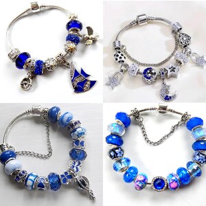 European Style Snake Charm Bracelet. Silver & Blue 7.5&quot; (incl charms as pictured) (B01)