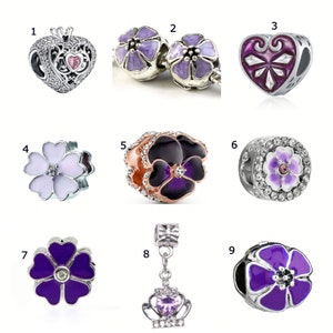 Pandora Style Silver Charm, Heart, Purple, Flower, Crown, Rose Gold Enamel Charm, Fits Pandora & European Charm Bracelet (G 75)