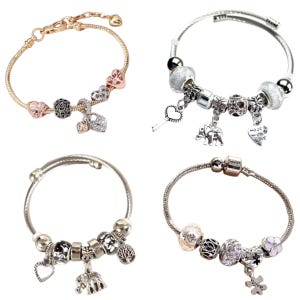 European Style, Expandable Bangle Charm Bracelet. Silver, Elephant Pendant, (includes charms as pictured). (B05)
