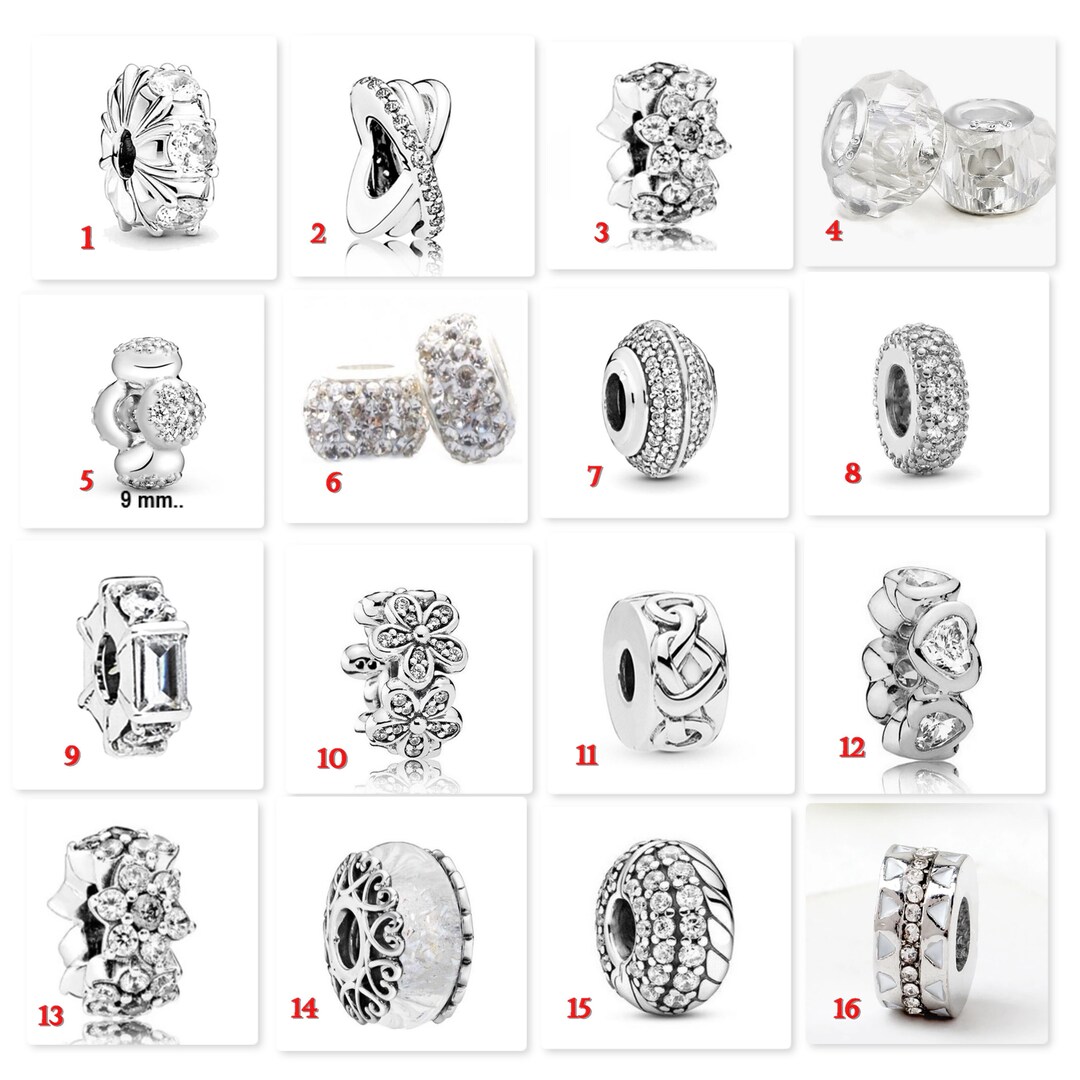 Pandora Style Spacer Charms, Silver, Crystal, Heart, Flowers, Spacer