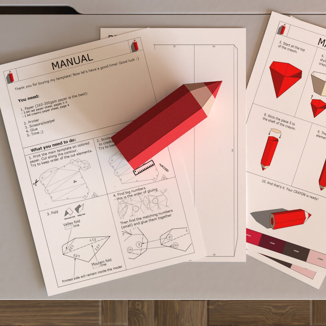 Crayon Papercraft Template 3D Origami Low Poly Paper Sculpture Etsy