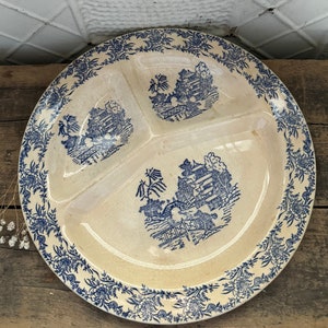 Vintage Blue and White Transferware Divided Dinner Plate, Vintage Royal China, Farmhouse Kitchen
