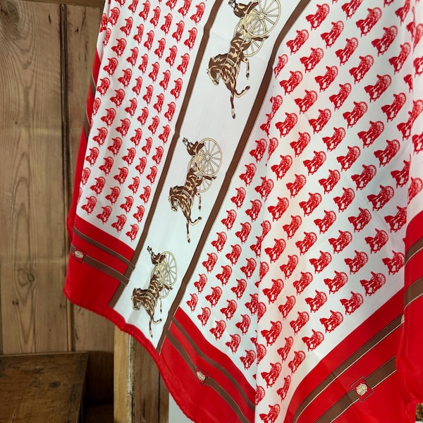 Vintage French Silk Scarf with Horse Carriages, Equestrian Headscarf
