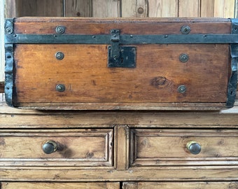 Antique Immigrant Wood Chest with Leather Handles and Metal