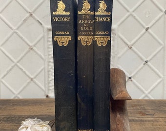 Antique Joseph Conrad Leather Book Set, Green & Gold Library Decor