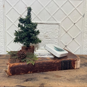 May include: A miniature Christmas tree with a wooden base, a pine cone, and sprigs of greenery are arranged on a vintage book. A small, rectangular box with the words "Joyeux Noel" is also present, along with a small box with a Christmas tree design.