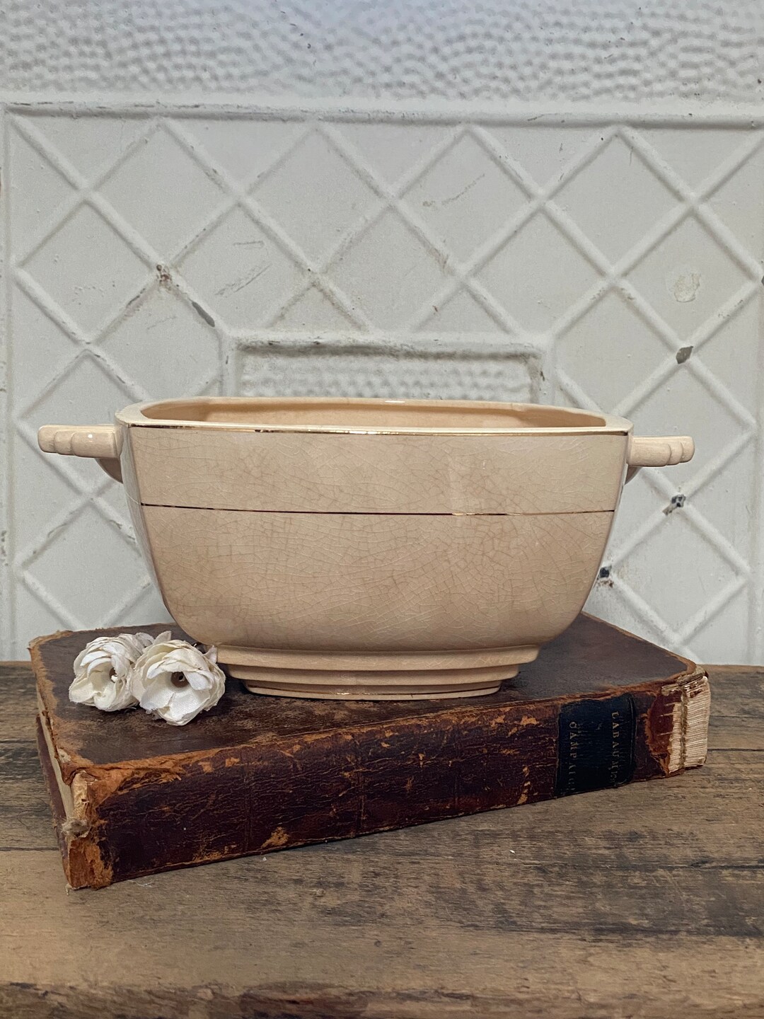 Antique Crazed and Stained Art Deco Ironstone Bowl With Gold Accents ...