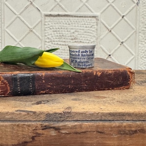 May include: A small white ceramic container with blue lettering that reads "Prepared only by Beach & Barnicot Successors to the Late D. Roberts. Bridport."