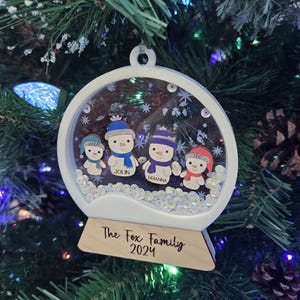 Snowglobe shaker ornament, Wooden family ornament, Laser cut custom ornament