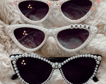 Bachelorette/Bride/festival pearl embellished sunglasses | Custom sunglasses for bridal parties | pearl sunglasses | personalized cat eye