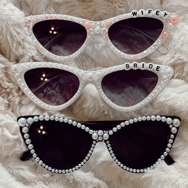 Bachelorette/Bride/festival pearl embellished sunglasses | Custom sunglasses for bridal parties | pearl sunglasses | personalized cat eye