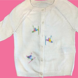 Baby/Toddler/kids button up cardigan with embroidered skier motifs | toddler skier | baby skier | baby cardigan | toddler apres ski