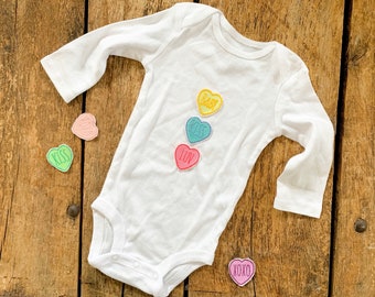 Embroidered Conversation Hearts Baby Bodysuit, Custom Patches Embroidered Candy Heart Baby Onesie, Baby First Valentine Day Gift, Vday baby