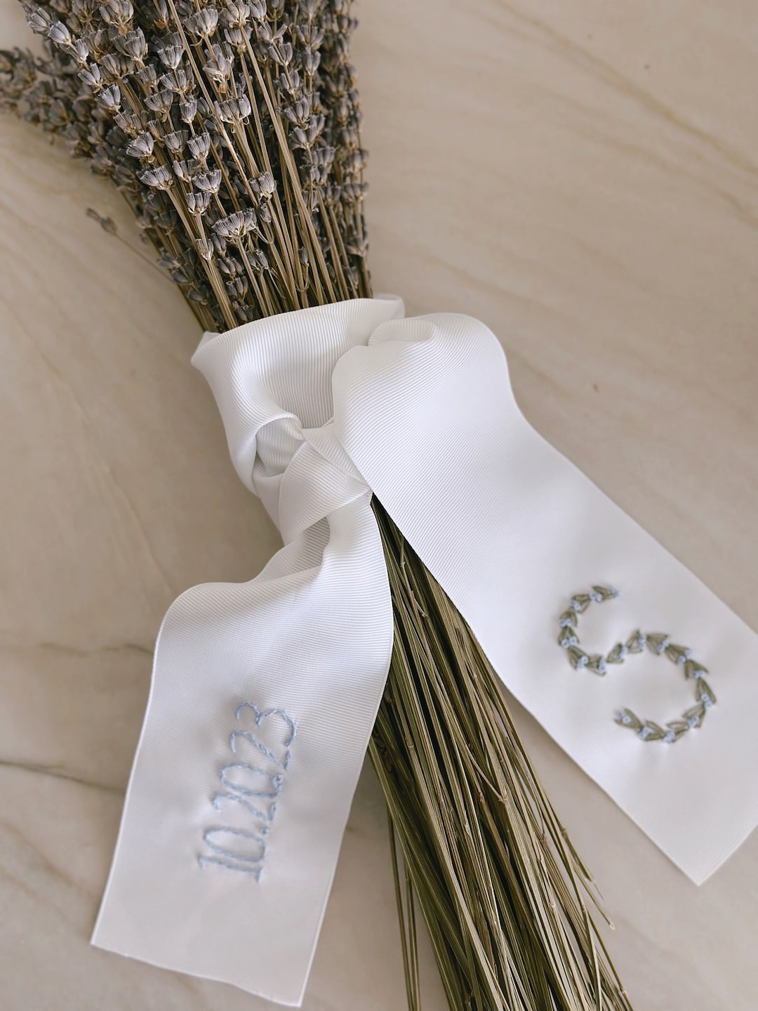 Custom Embroidered Floral Initial Date Ribbon for Wedding Bouquet