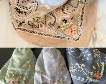 Tan/green/stone blue/gray bandana with floral embroidery | floral cowgirl bandana
