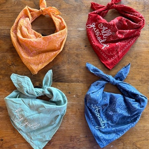 Embroidered bandana with chainstitch text | howdy, y’all, all gussied up, bless your heart or create your own| southern sayings | group gift