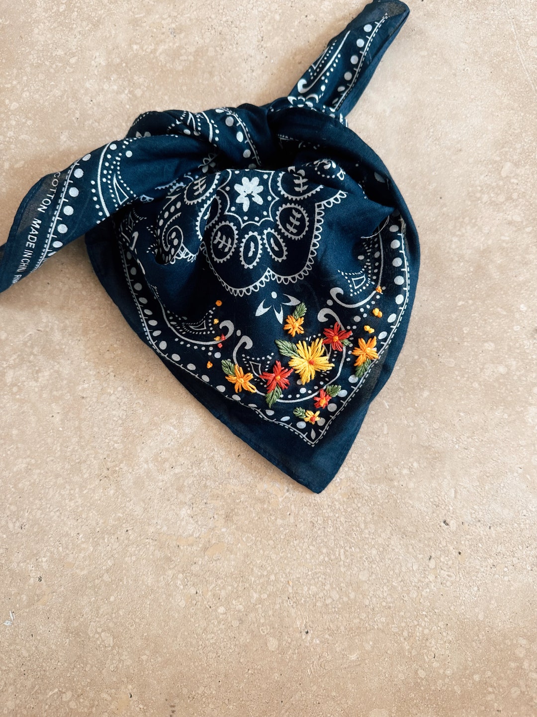 Embroidered Navy Bandana With Bright Flowers - Etsy