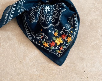 Embroidered navy bandana with bright flowers