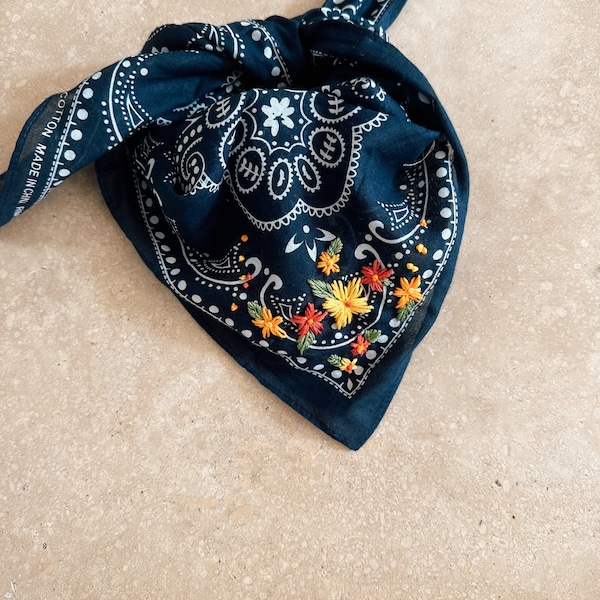 Embroidered navy bandana with bright flowers