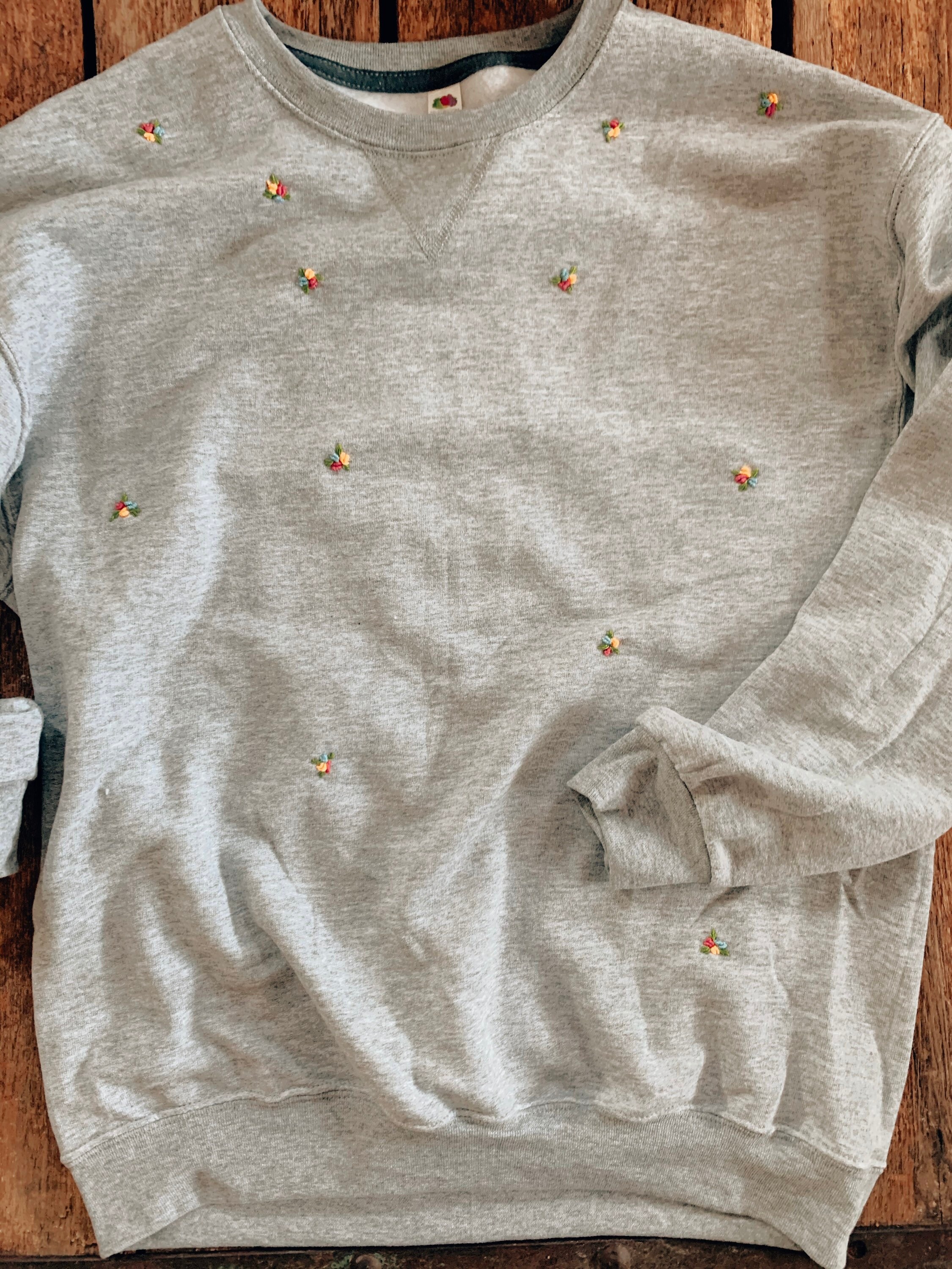 Grey Oversized Sweatshirt With Floral Embroidery, Aesthetic