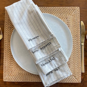 Embroidered dinner napkins- THANKFUL, LETS EAT , etc. customizable | Natural napkins - Blue Striped, Farmhouse Table Style