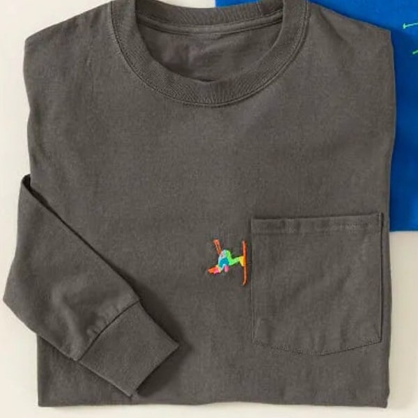 Grey [apres] Ski shirt, Downhill Skier Embroidered along Pocket, Cotton Long Sleeve Shirt, Ski gifts for Men + Women, Embroidered Crewneck