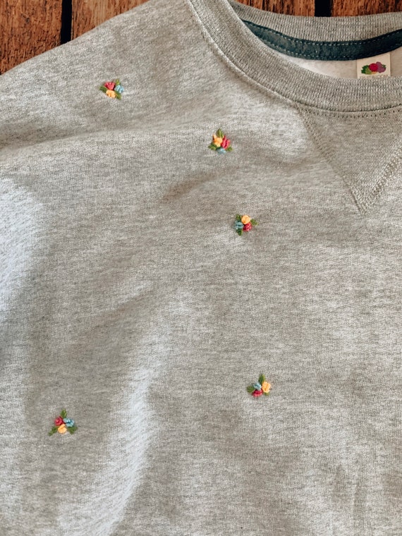 Grey Oversized Sweatshirt With Floral Embroidery, Aesthetic
