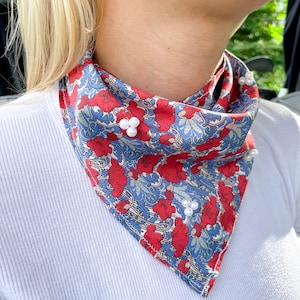 Red and blue &quot;Liberty of London&quot; fabric bandana with sewn on pearl beads