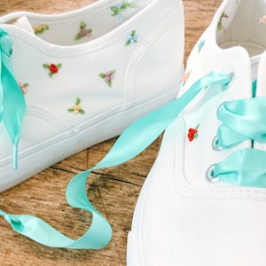 Embroidered canvas low cut loafer sneakers with mini colorful flowers | colorful embroidered sneakers | flowers keds
