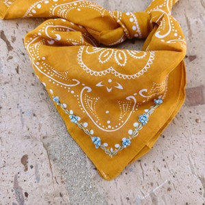 Embroidered hydrangeas on mustard bandana with optional custom initial