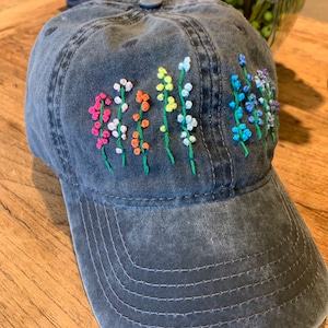 Hand Embroidered Custom Baseball Hat, Wildflowers Hat, Custom Embroidery Women’s Baseball Cap, Floral Embroidery Cap, Feminine Baseball Hats