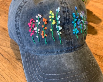 Hand Embroidered Custom Baseball Hat, Wildflowers Hat, Custom Embroidery Women’s Baseball Cap, Floral Embroidery Cap, Feminine Baseball Hats