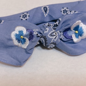 Purple bandana with embroidered pansies | bandana headband | bandana embroidered corners | flower bandana