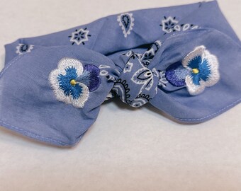 Purple bandana with embroidered pansies | bandana headband | bandana embroidered corners | flower bandana