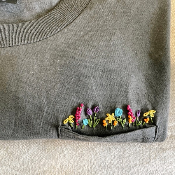 Hand Embroidered wildflower tshirt, Cute Botanical Shirt, Floral Aesthetic, short sleeve embroidered tshirt