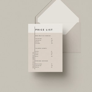 Modelo minimalista de lista de preços para impressão, folha de preços editável, lista de preços para impressão DIY, lista de preços de velas, modelo Canva - PO2