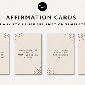 Alivio de la ansiedad y preocupación menos afirmaciones, afirmaciones imprimibles, afirmaciones de ansiedad, plantilla de afirmaciones de Canva, tarjetas de aliento