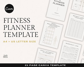 Fitness Planner Template, Canva Fitness Planner, Planner Bundle, Weight loss tracker, Calories tracker, Sleep Tracker, Workout log Planner
