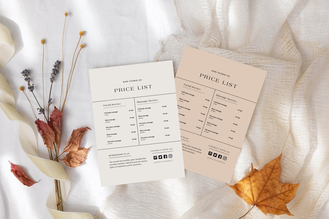 Minimalist Printable Price List Template, Editable Price Sheet, DIY ...
