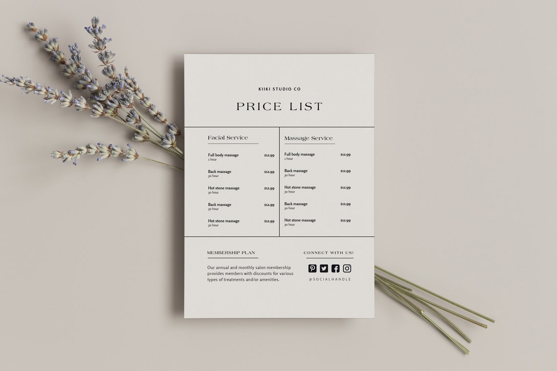 Minimalist Printable Price List Template, Editable Price Sheet, DIY ...