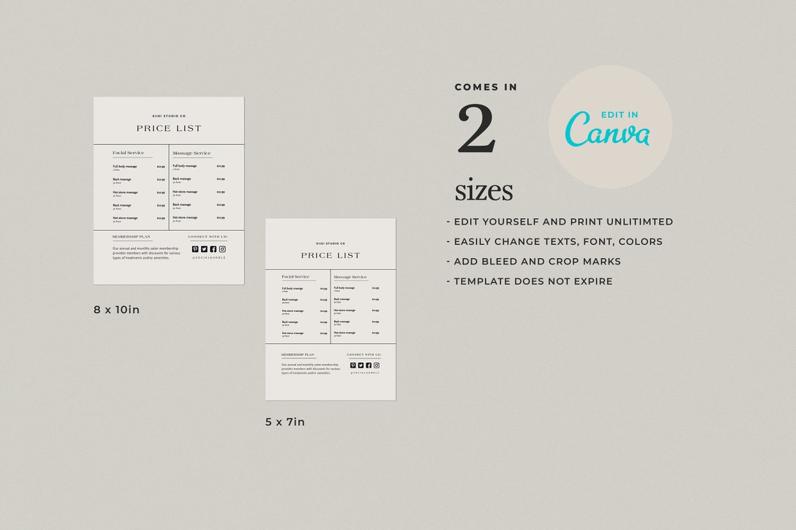 Minimalist Printable Price List Template, Editable Price Sheet, DIY ...