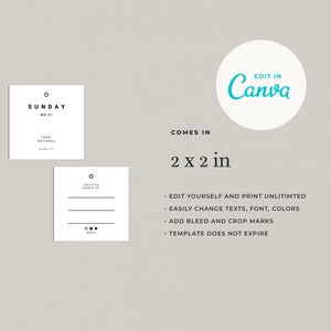 May include: A digital template for a candle label that says "SUNDAY NO. 01" and "100% NATURAL" in black text on a white background. The template is 2 inches by 2 inches and can be edited and printed unlimited times in Canva.
