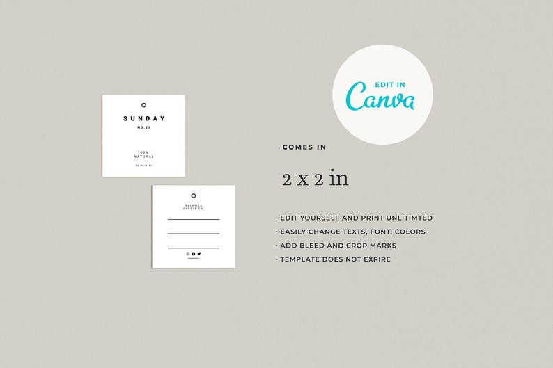 May include: A digital template for a candle label that says "SUNDAY NO. 01" and "100% NATURAL" in black text on a white background. The template is 2 inches by 2 inches and can be edited and printed unlimited times in Canva.