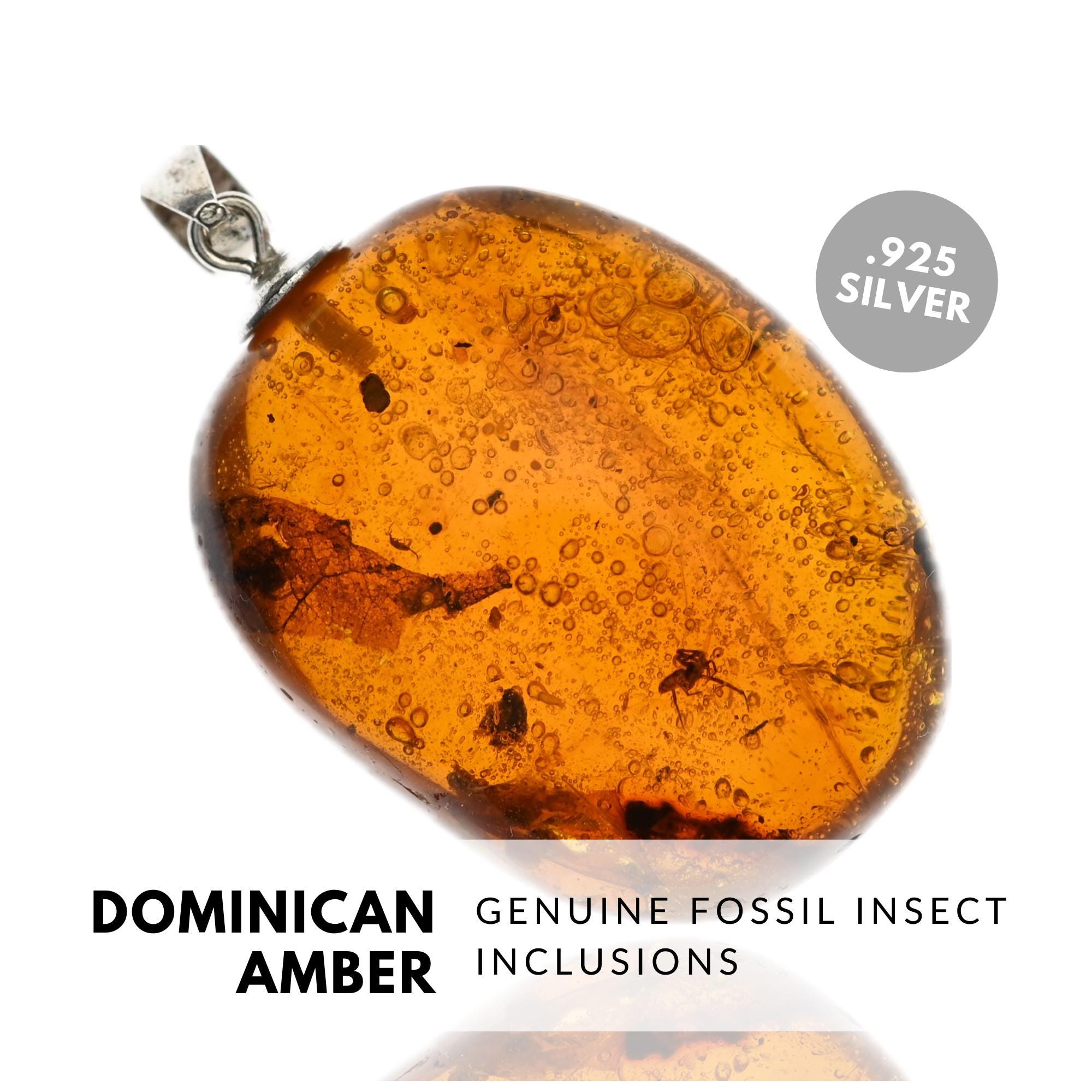 クモ、葉 - 天然ドミニカ産琥珀ペンダント（化石含有）、スターリング