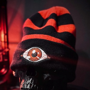 Third Eye Striped Beanie Hat Evil Eye Docker Behelit Guts Alucard Reaper Moto Winter Skater Goth Hypnotic Eyeball Rockabilly Horror
