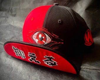 Gorra abatible Third Eye Evil Eye SnapBack Flip-Bill Brim Trucker Behelit Guts Hellsing Horror Gothic Kanji Spooky Gorra de béisbol Chakra de dos tonos